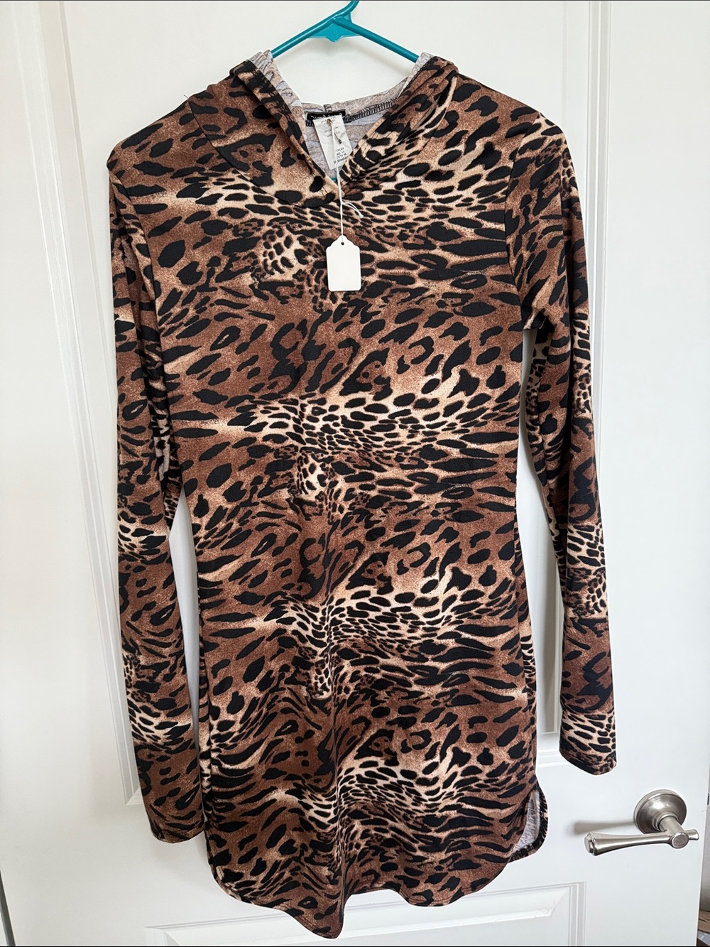 Leopard Print Hooded Long-Sleeve Dress - Brown